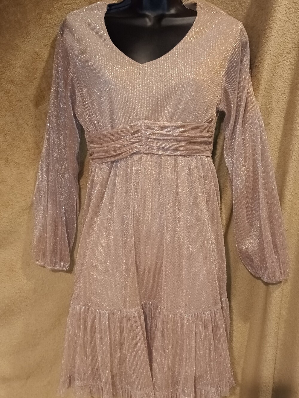 Ellen Weaver NWT Metallic Shimmer Rose Gold Tiered Long-Sleeve Dress Sz S - Picture 3 of 5
